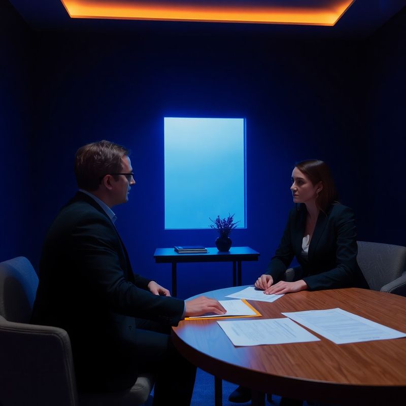 Doi profesioniști într-o sală de consultanță în tonuri de indigo